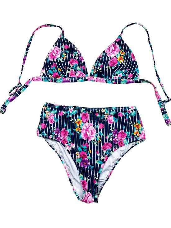 Cupshe Other - Cupshe Bikini Set Womens Large Striped Floral Two-Piece Swimwear High Waist NEW